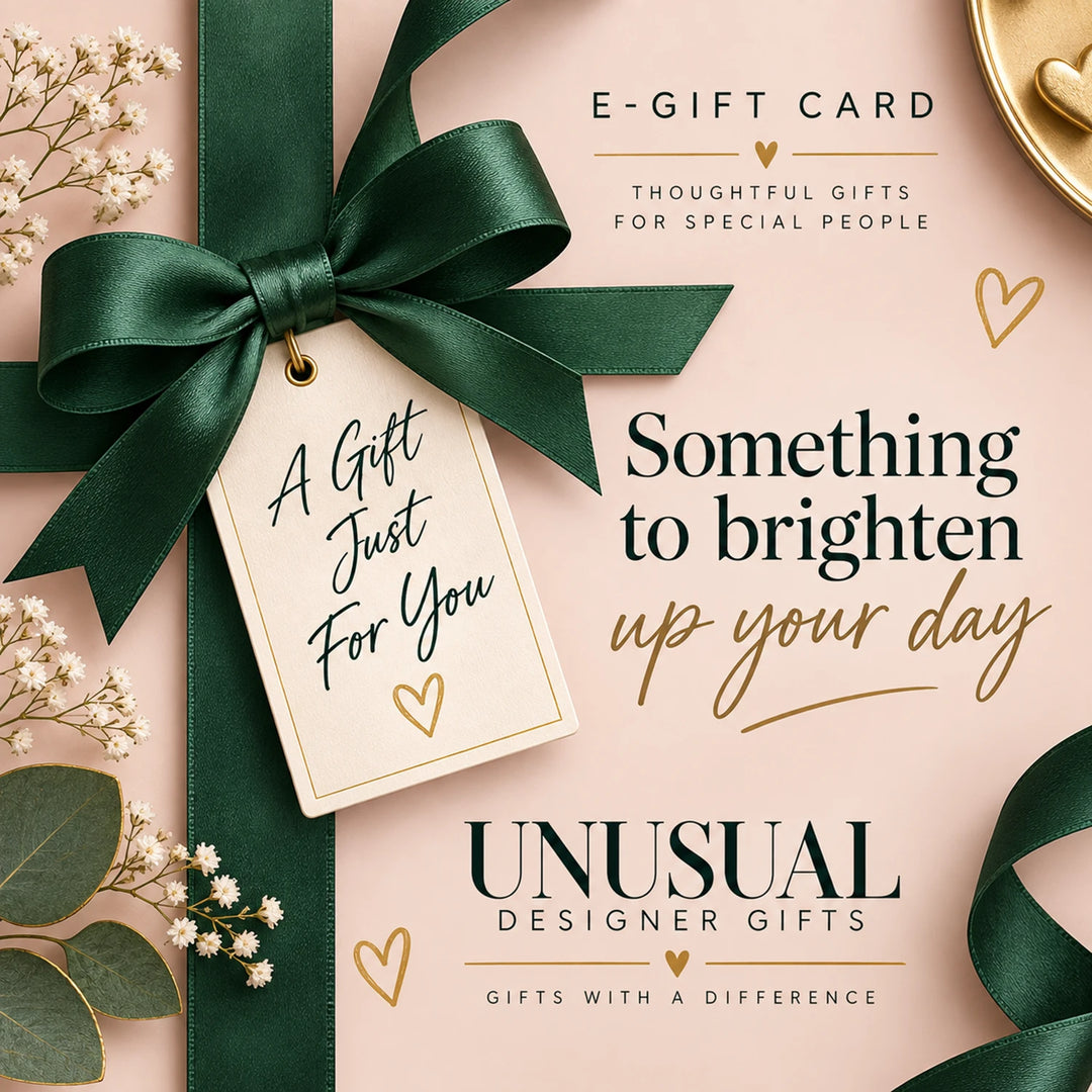 Unusual Designer Gifts E-Gift Card with deep green ribbon, gold details and gift tag