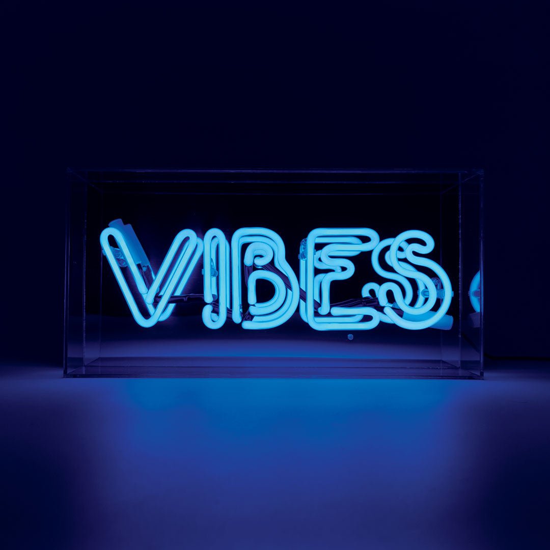 Vibes Glass Neon Box Sign product image shown in a home or gift setting