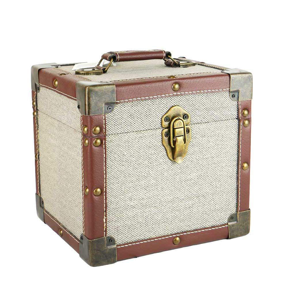 7-inch vinyl singles storage case – Beige  fabric with brown leather look trim and brass catches