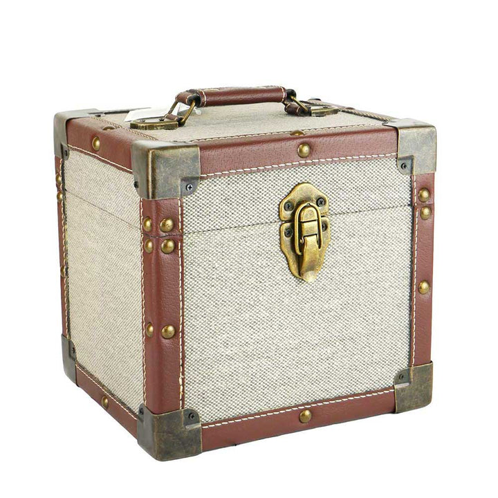 7-inch vinyl singles storage case – Beige  fabric with brown leather look trim and brass catches