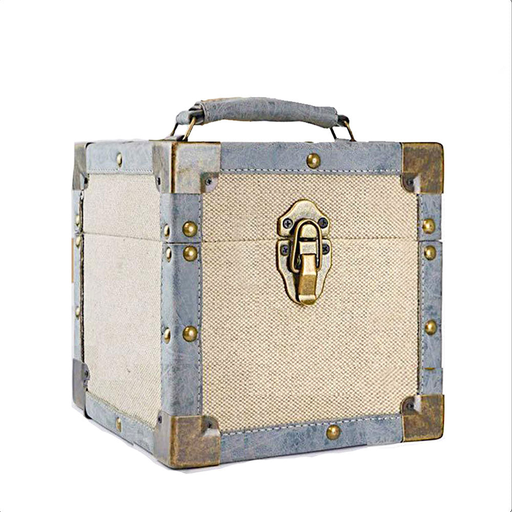 7-inch vinyl singles storage case – Beige fabric with grey trim and brass catches