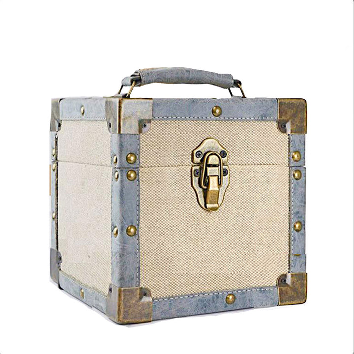 7-inch vinyl singles storage case – Beige fabric with grey trim and brass catches