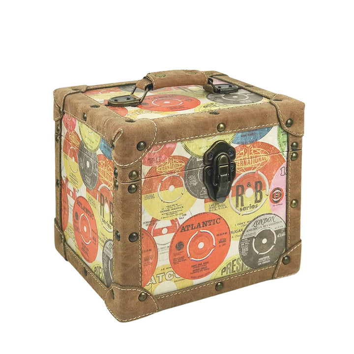 7-inch vinyl singles storage case – Multi-colour retro finish with tan trim