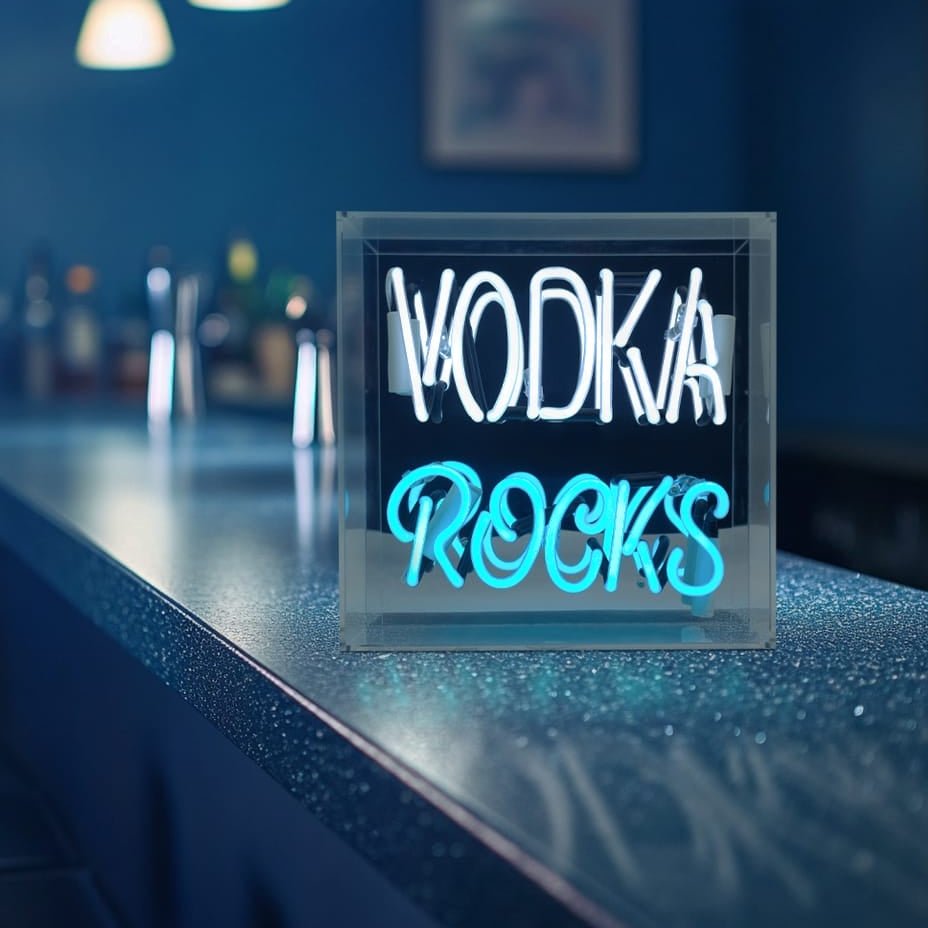 Vodka Rocks Glass neon Sign product image shown in a home or gift setting