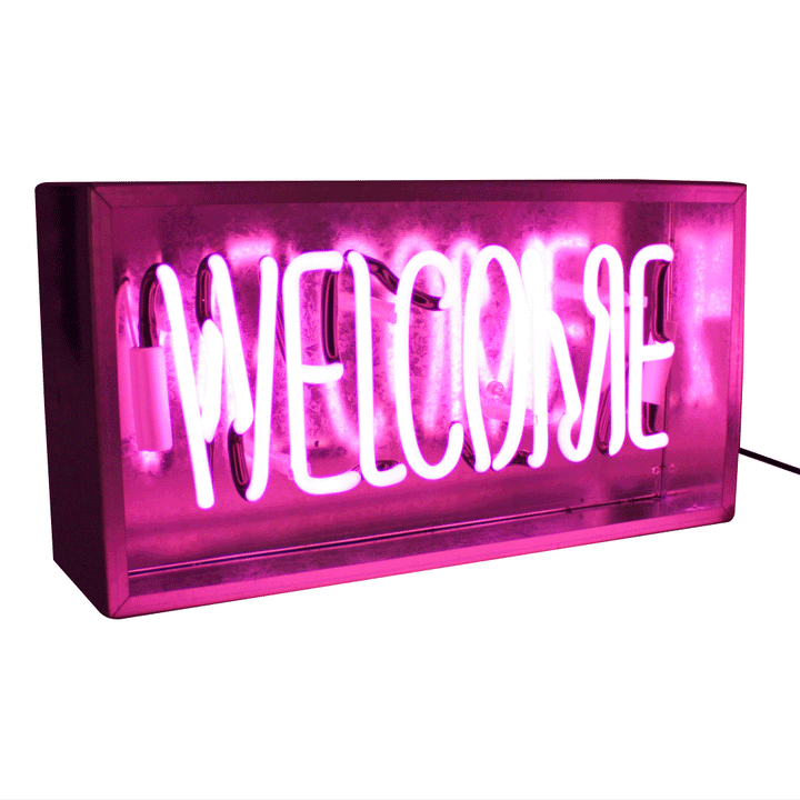 Welcome Metal Box Neon product image shown in a home or gift setting