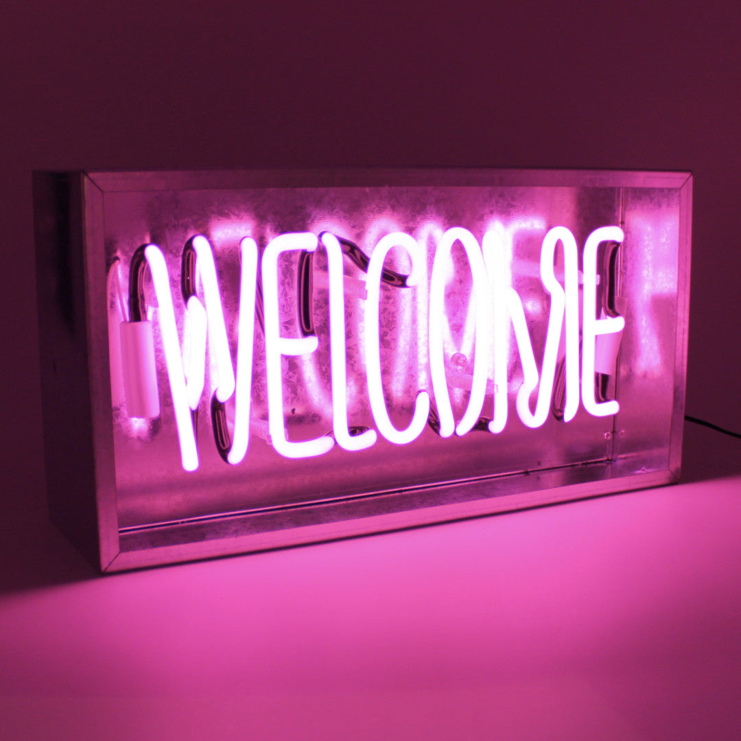 Welcome Metal Box Neon product image shown in a home or gift setting