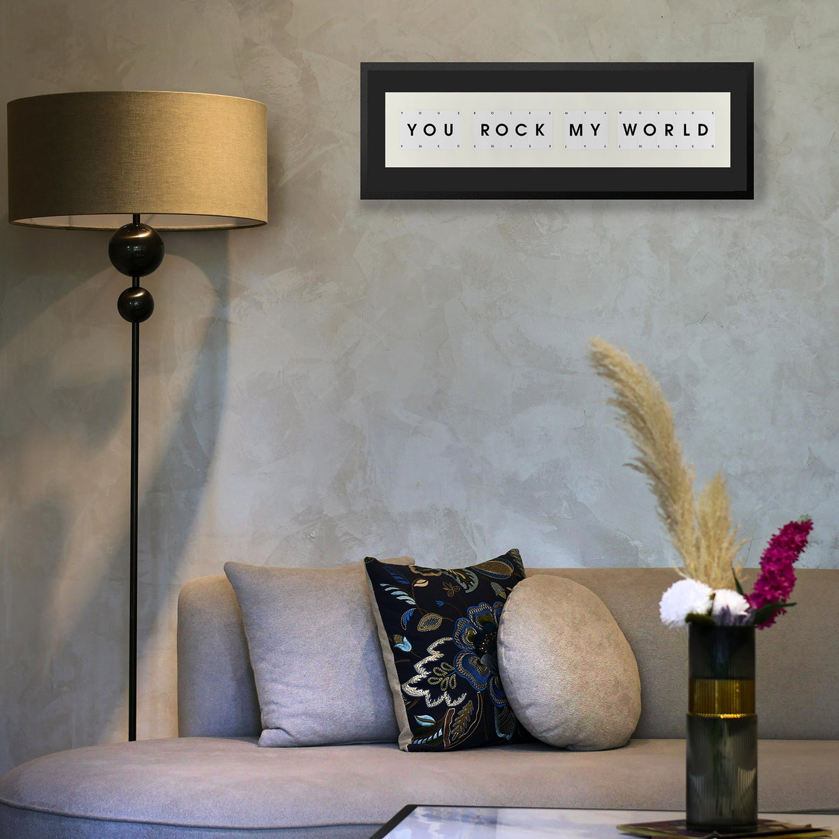 You Rock My World playing card picture frame with black mount displayed in a contemporary living room