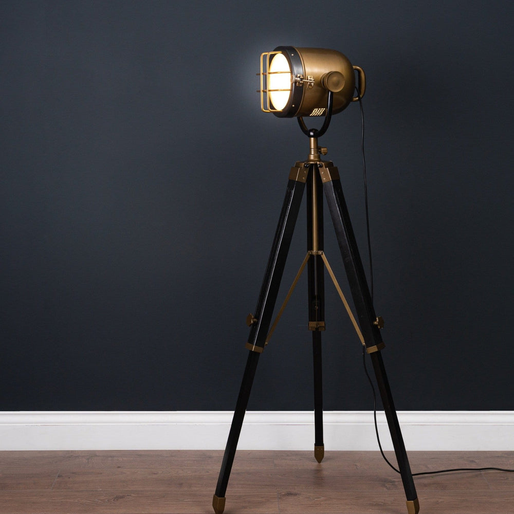 Tripod Spotlight Floor Lamp in Brass and Black by Hill Interiors