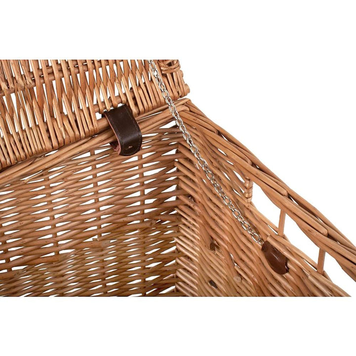 The Patmore 24" Medium Sized Brown Tan Willow Storage Chest Hamper open showing chain hinges