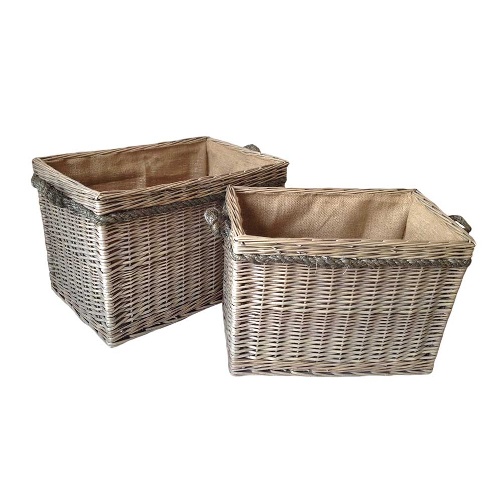 wo Rope Handled Hessian Lined Log Baskets in Antique Wash Willow by Willow