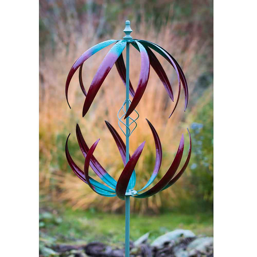 Wind Spinner Garden Ornament Cosmic Aquamarine and Scarlet by Windward
