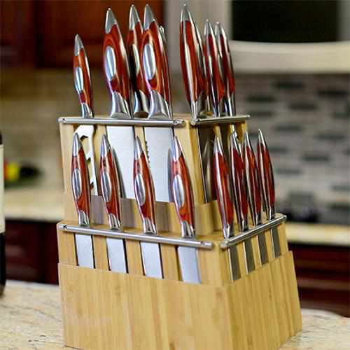 Flint and Flame professional chef twenty piece (20) knife set in a detachable two piece wooden block shown in a kitchen lifestyle setting - unusualdesignergifts.co.uk