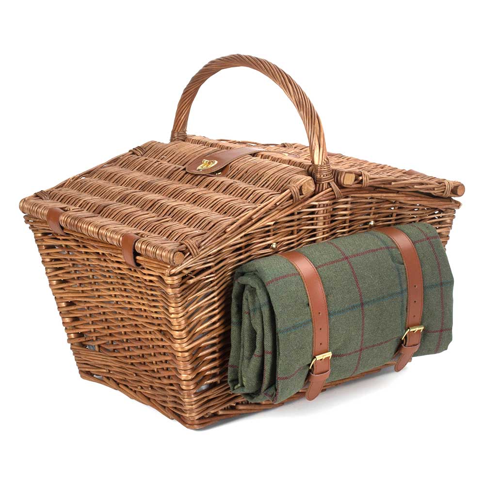 Four Person Fully Fitted Lidded Picnic Basket Hamper in Green Tweed 126 by Willow
