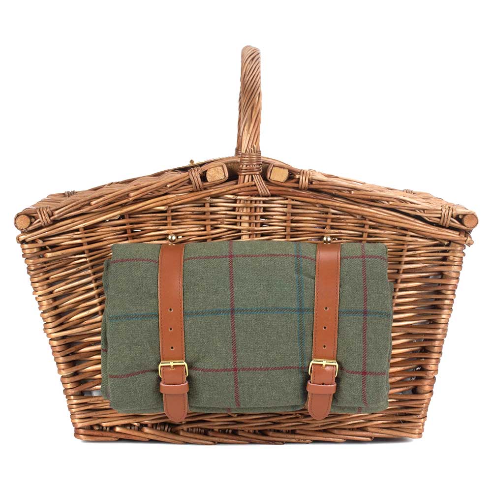 Voll ausgestatteter Picknickkorb für vier Personen mit Deckel in grünem Tweed 126 von Willow