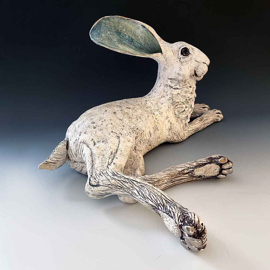 GIN DURHAM Extra Large White Reclining Hare Stoneware Sculpture 