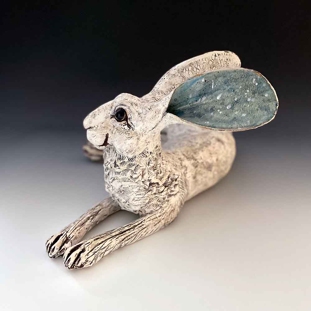 GIN DURHAM Extra Large White Reclining Hare Stoneware Sculpture 