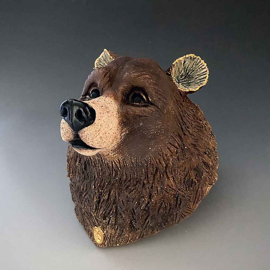 GIN DURHAM Brown Bear Head Wall Hanging Piece Stoneware Sculpture