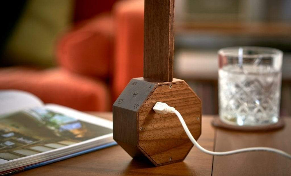 Octagon One Plus Desk Lamp Alarm in Walnut Cherry Bamboo Wood by Gingko
