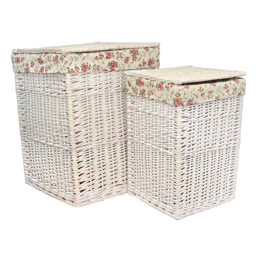 Square White Laundry Hamper Set of Two with Garden Rose Lining 078 by Willow