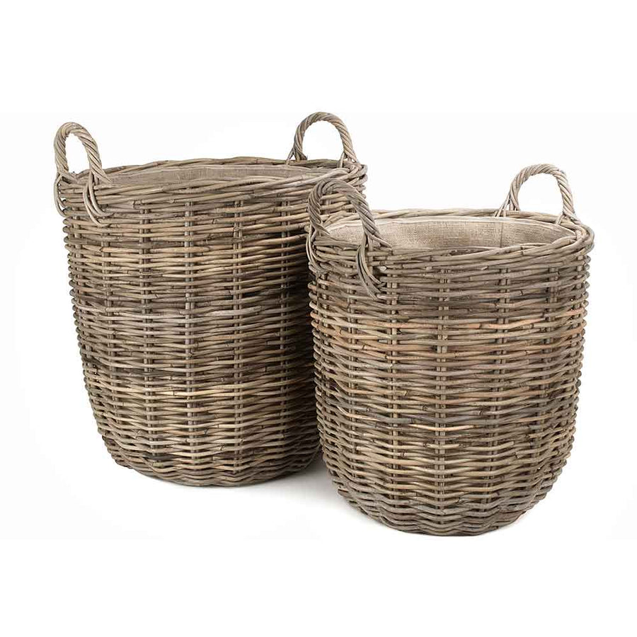 Two Round Grey Rattan Log Baskets with Hessian Lining by Willow