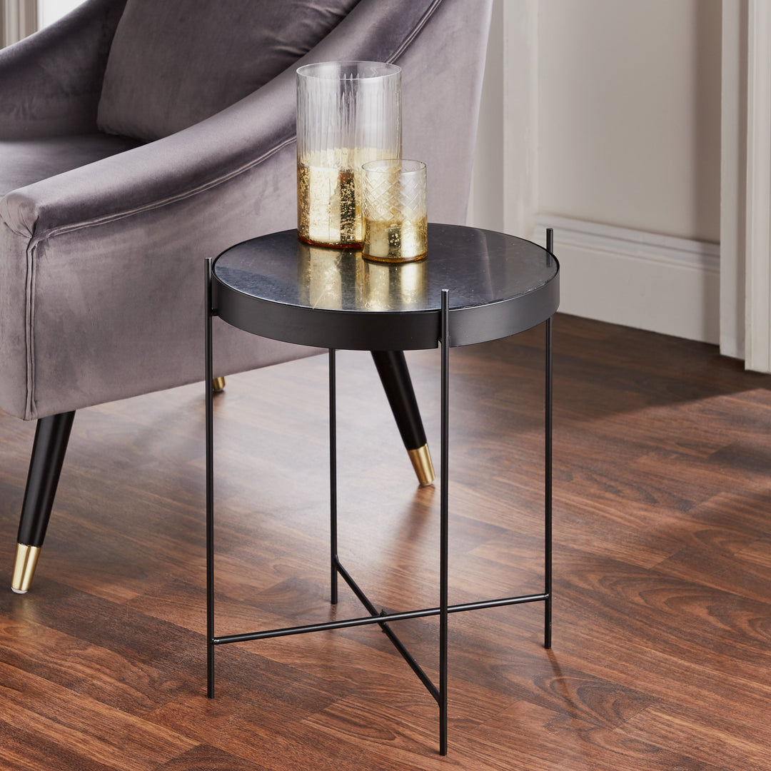 Table d'appoint ronde en métal et marbre noir par Home &amp; Lifestyle 