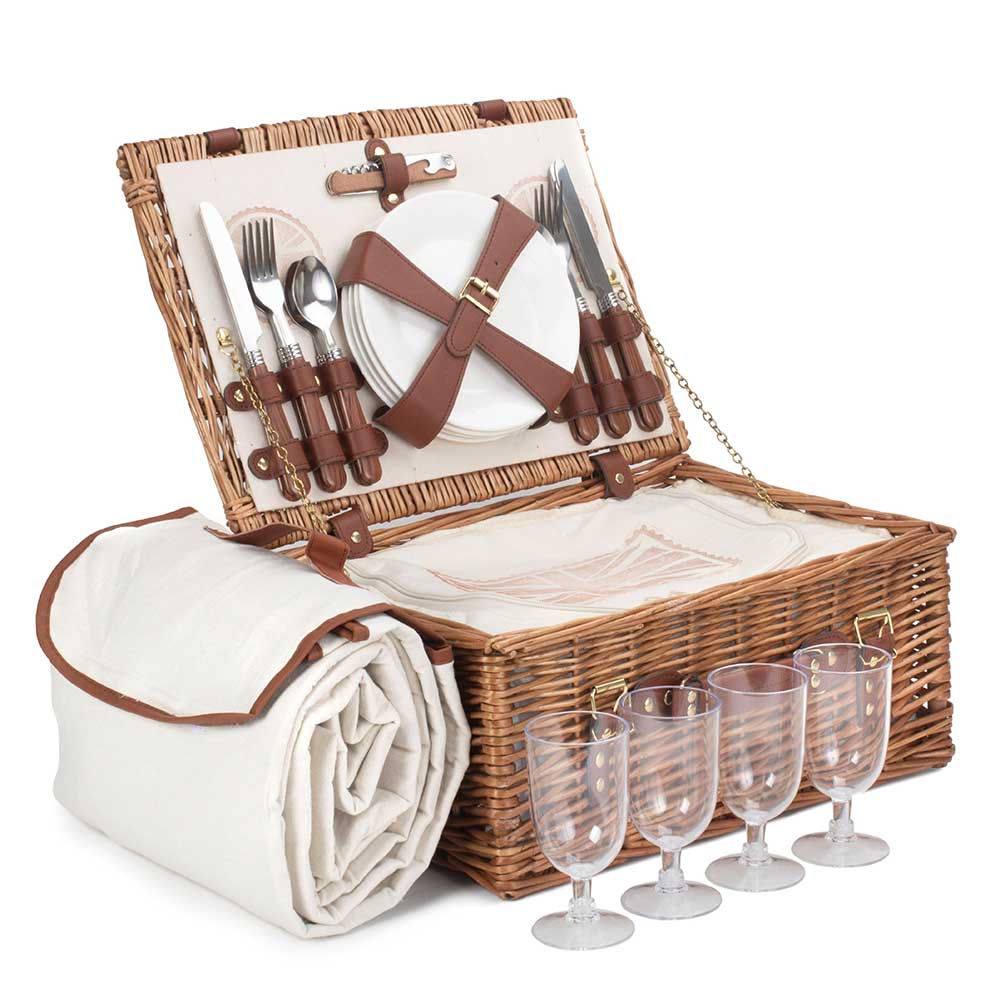 Four Person Fully Fitted Picnic Basket Hamper in Brit Cream 136 by Willow