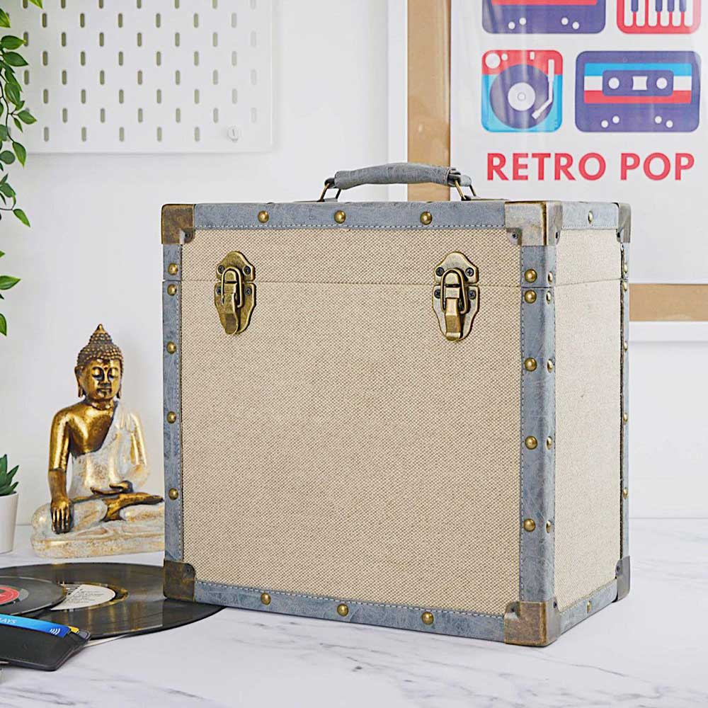 Cream Grey Fabric Record Storage Case Box Retro Style for 12" LP by Steepletone