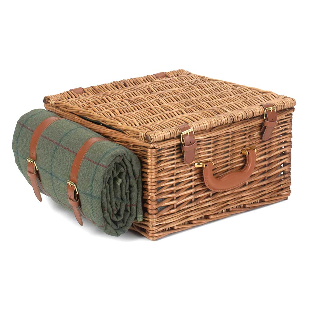 Two Person Super Deluxe Fully Fitted Picnic Basket Hamper in Green Tweed 122 by Willow