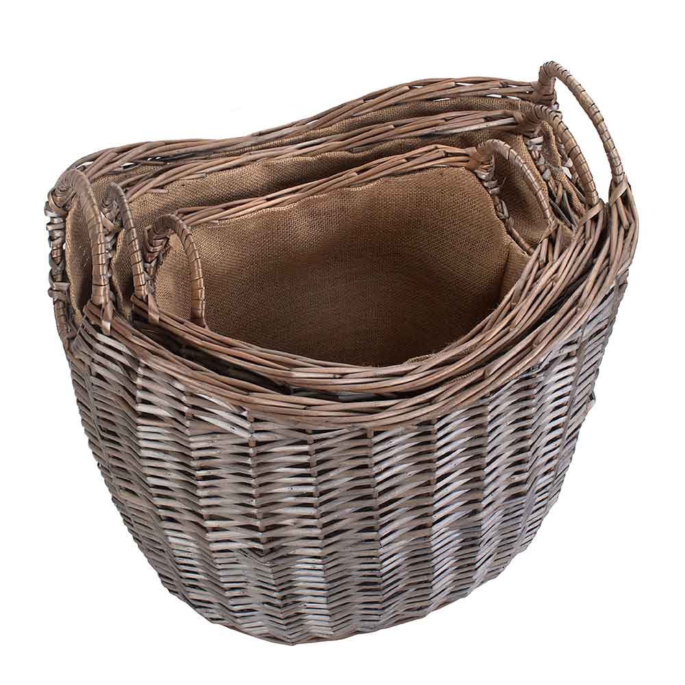 Set of Three Willow Baskets with Hessian Lining Large  Medium Small by Willow