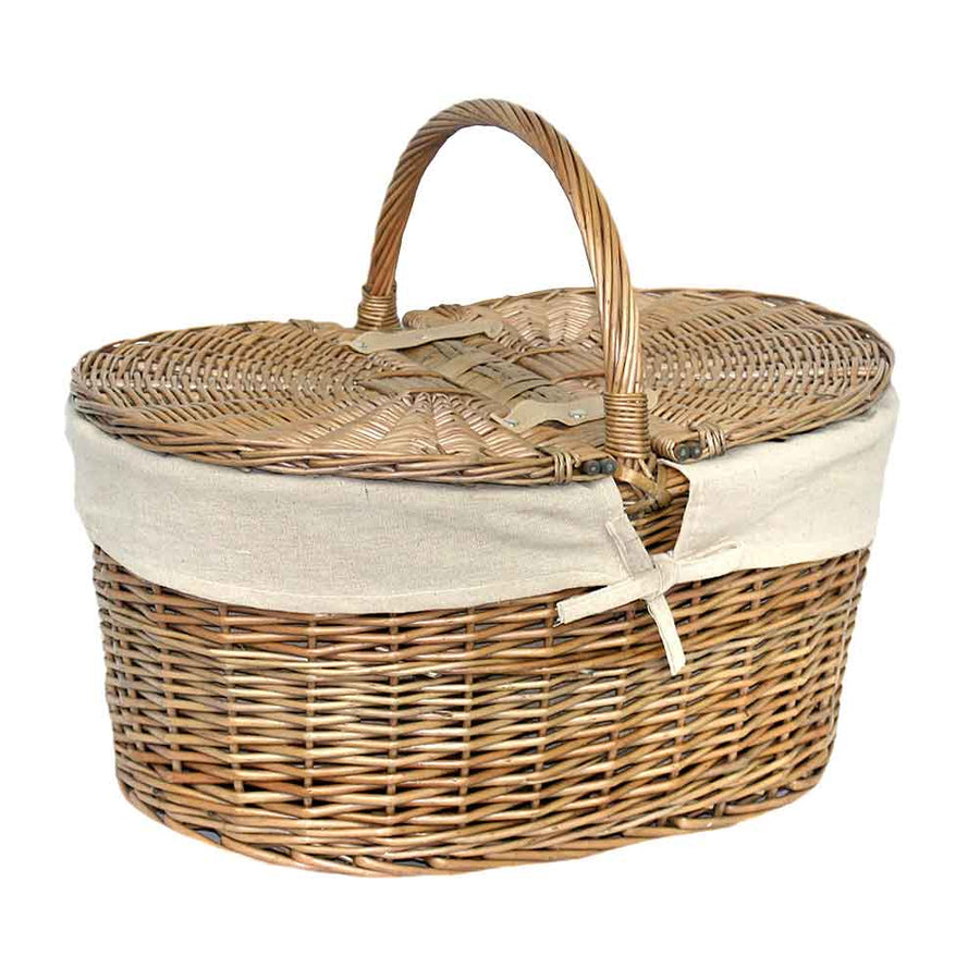Willow Deep Antique Wash Oval Picnic Basket Hamper with White Lining