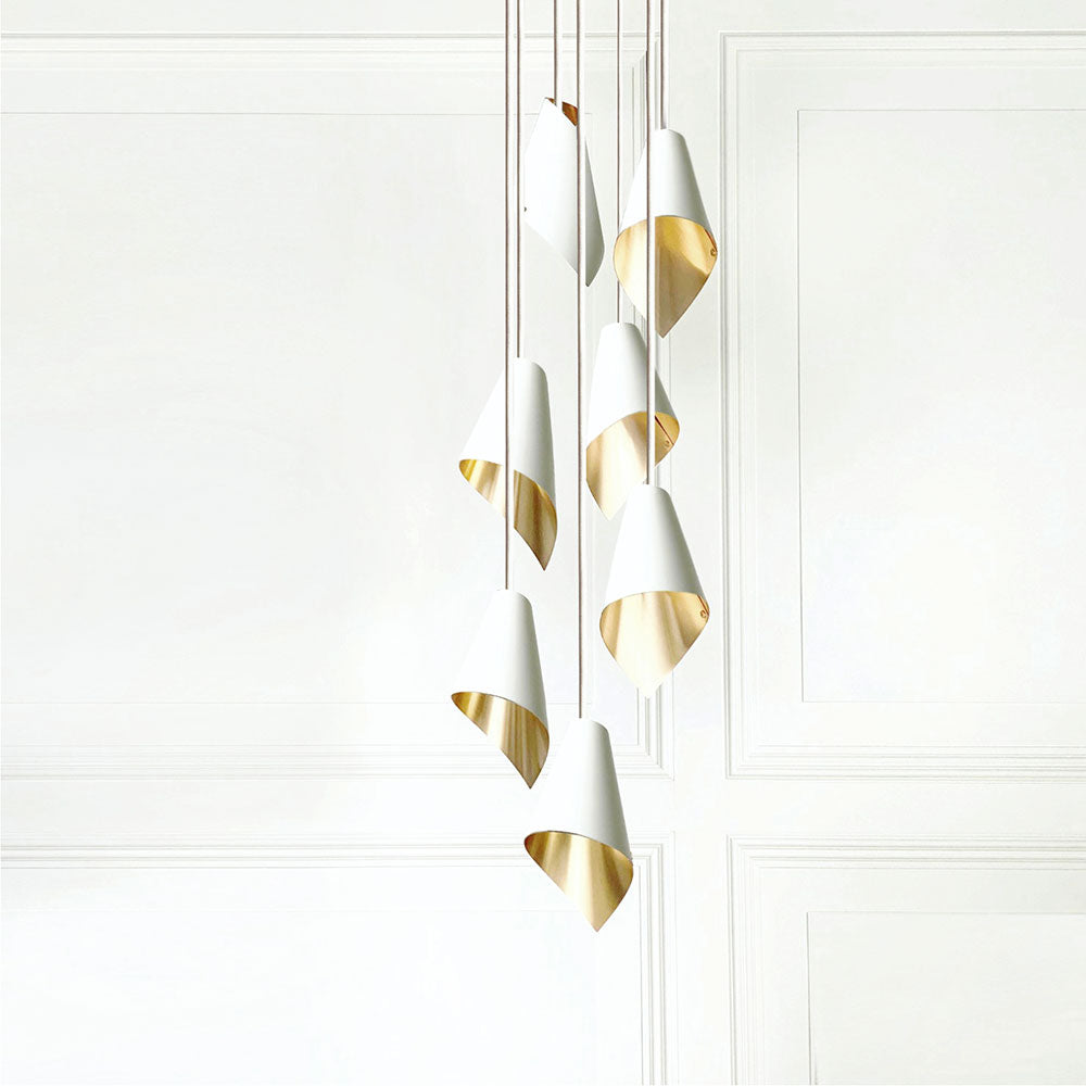 Large Seven Piece Pendant Cascade Lamp in White and Brass by Arcform