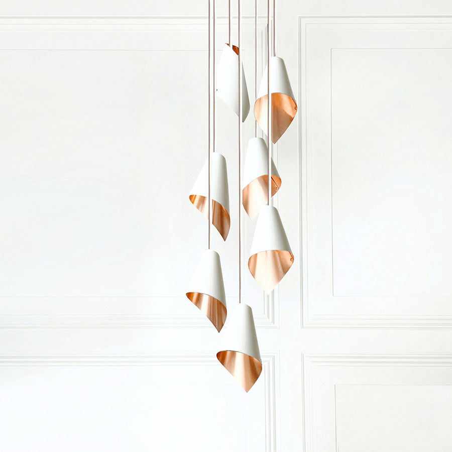 Large Seven Piece Pendant Cascade Lamp in White and Copper by Arcform