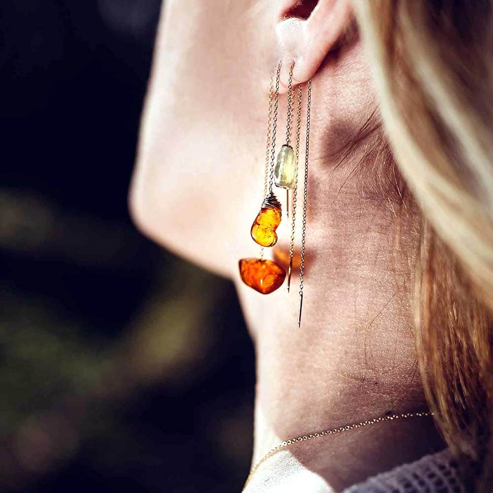 CAMILLA WEST JEWELLERY 'Reflected Sunlight' Aquamarine Gold Fill Earrings Lifestyle Image Showing the Three Types of Gemstones