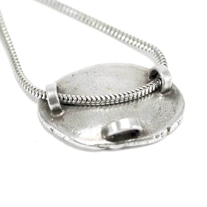 CAMILLA WEST JEWELLERY Flat Round Stone Parsley Silver Pendant Necklace Showing the Back