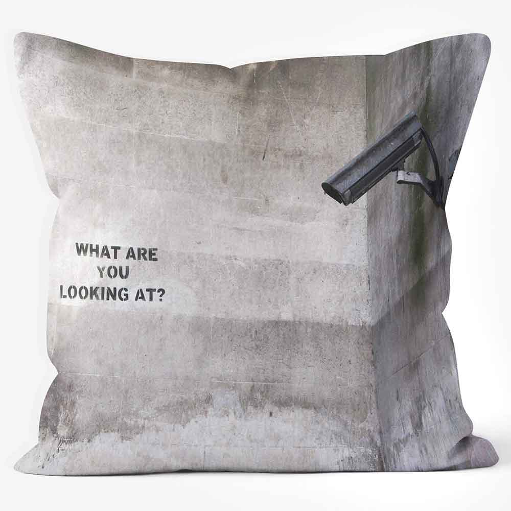 CUSHIONS ARE US 'What Are You LookingAt?' Banksy  CCTV Graffitti Peace Photo Cushion Square Pillow - Large | Medium