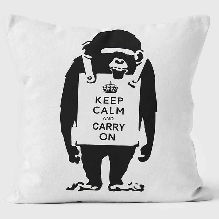 CUSHIONS ARE US 'Keep Calm and Carry On?' Banksy Peace Graffitti Chimp Photo Cushion Square Pillow - Large | Medium