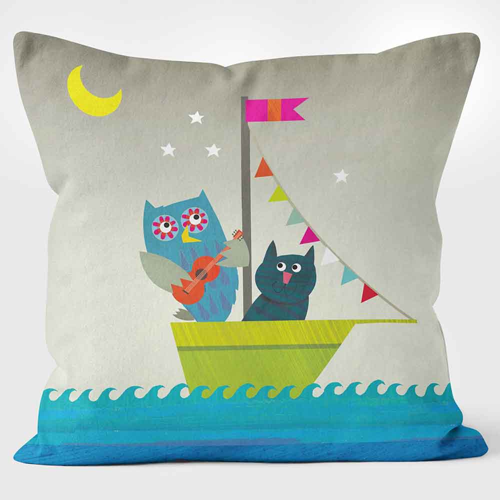 Cushions Are Us The Owl and The Pussycat grey and blue children's cushion