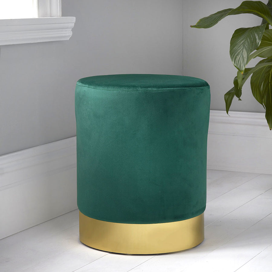 Green Round Velvet Footstool Gold Finish By Home & Lifestyle