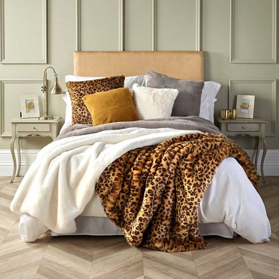 Faux Fur Bed Throw Gold Leopard Animal Print by Katrina Hampton