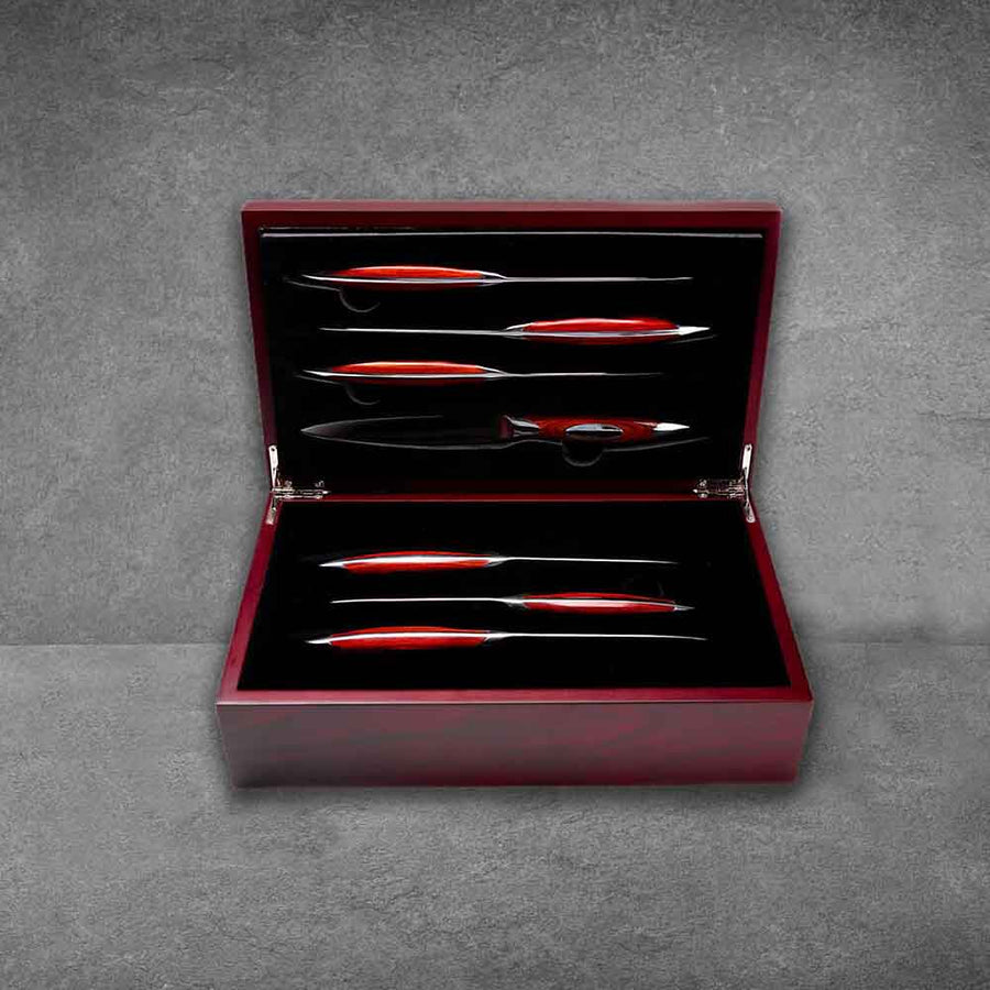 Kitchen Steak Knife Set Eight Piece in a Wooden Gift Box by Flint and Flame