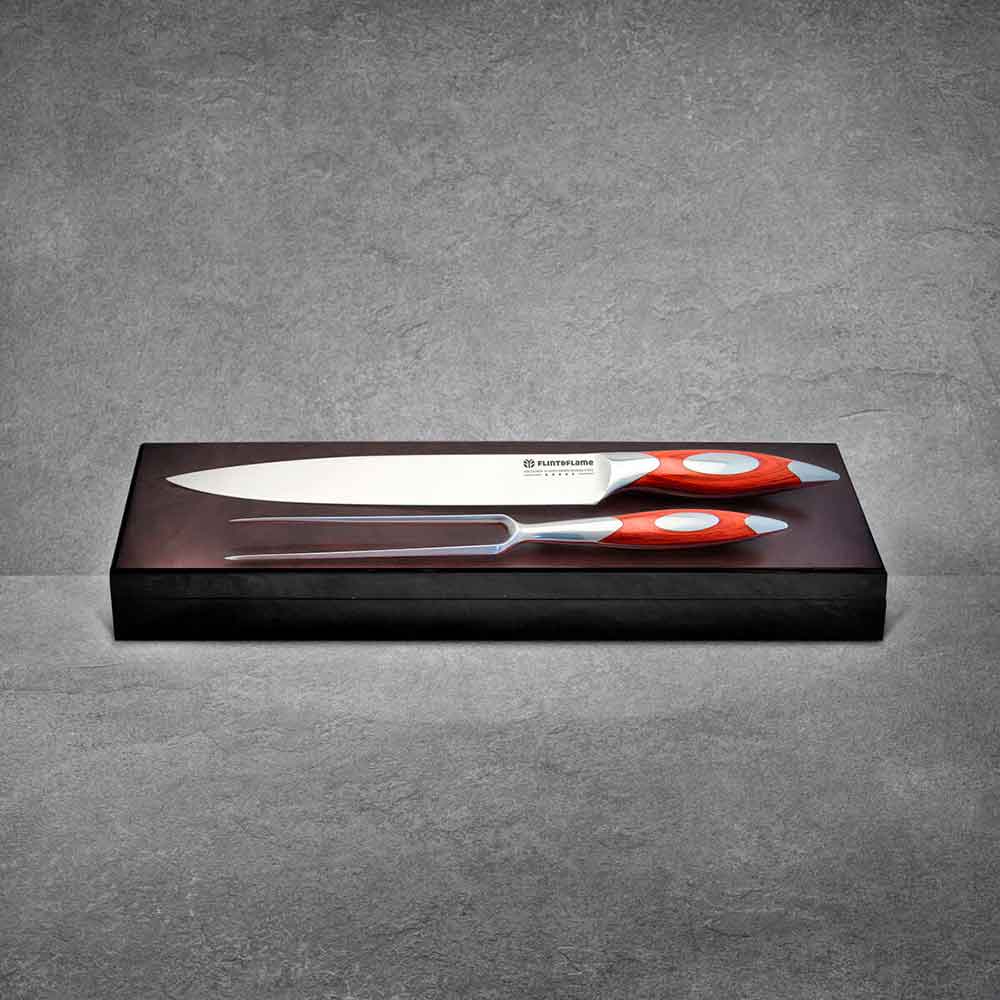  Nine Inch / 9" Carving Knife and Fork Set in a Luxury Red Wood Presentation Box by Flint and Flame