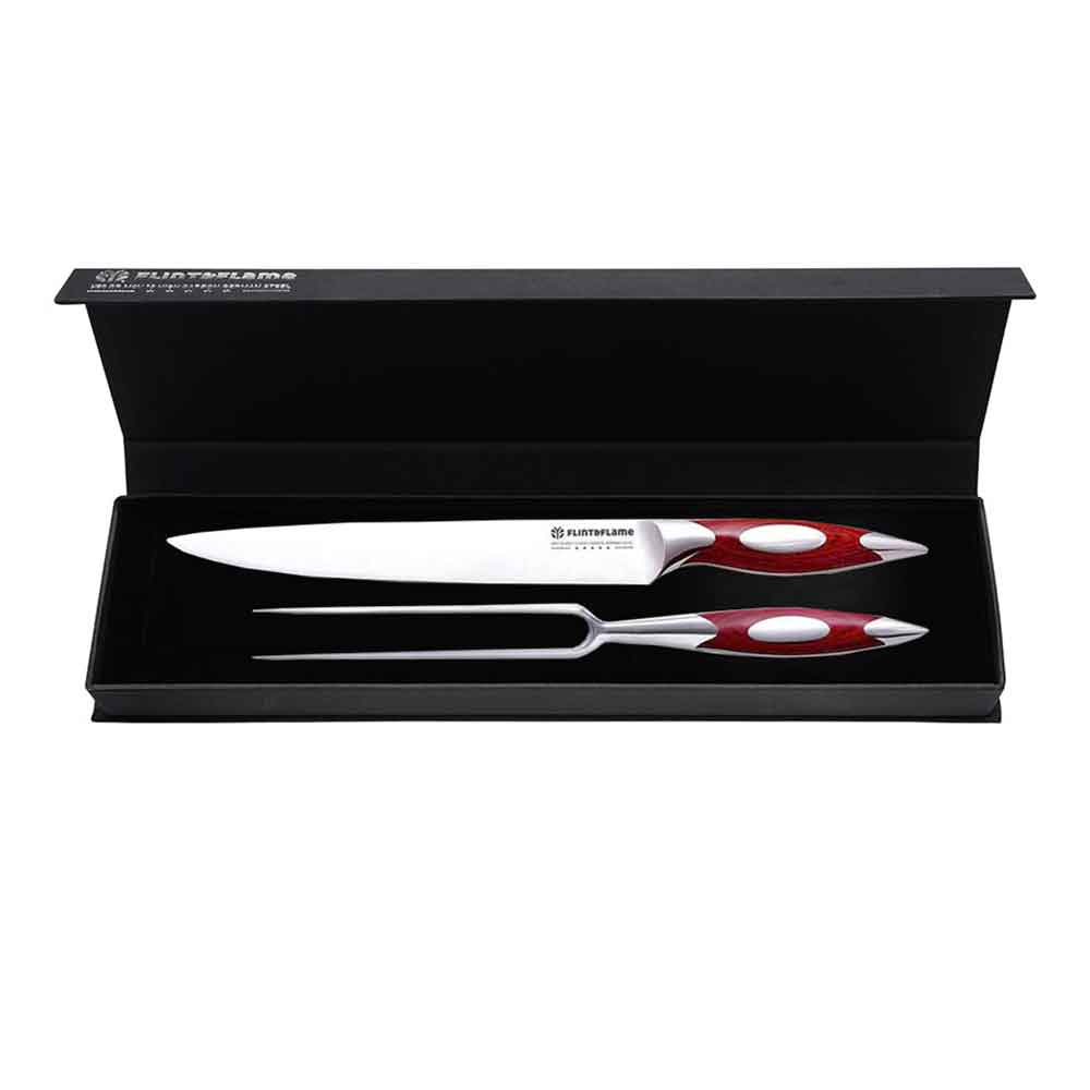 Nine Inch / 9" Carving Knife and Fork Set in a Black Card Box by Flint and Flame