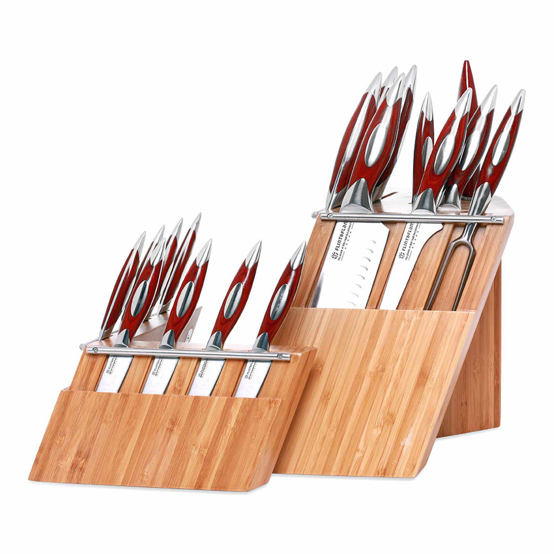 Flint and Flame professional chef twenty piece (20) knife set in a detachable two piece wooden block available online at Unusual Designer Gifts UK Store