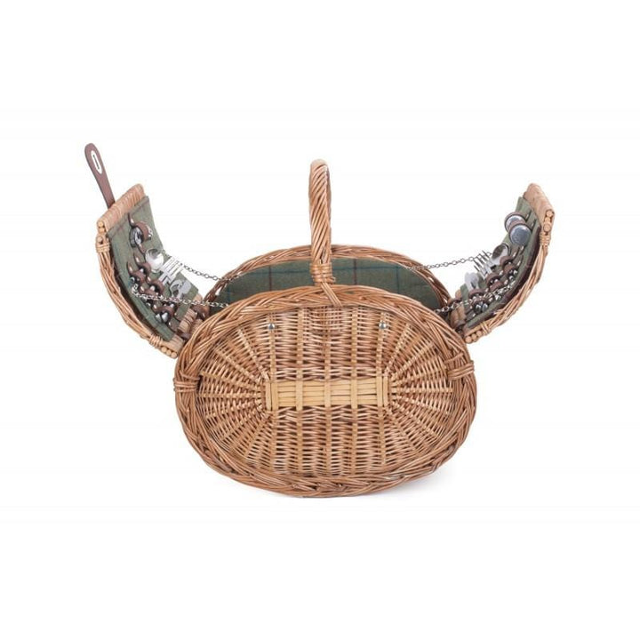 Oval Picnic Basket Hamper Fully Fitted in Green Tweed 100 by Willow