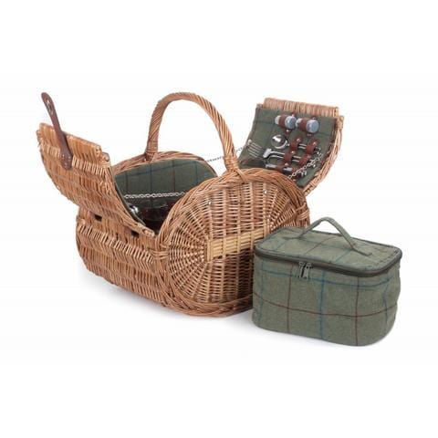 Oval Picnic Basket Hamper Fully Fitted in Green Tweed 100 by Willow