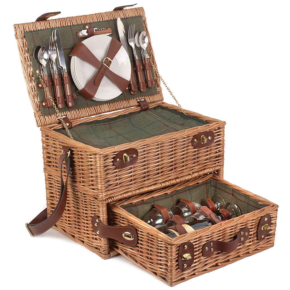 Fully Fitted Four Person Green Tweed Picnic Basket Hamper by Willow