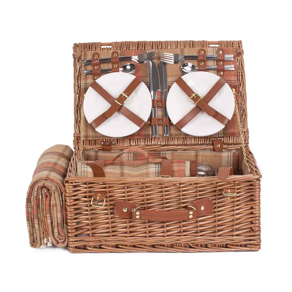 WILLOW Four Person Red Tartan Fully Fitted Picnic Basket Hamper - Autumn Red