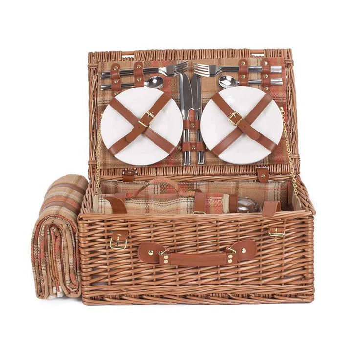 WILLOW Four Person Red Tartan Fully Fitted Picnic Basket Hamper - Autumn Red