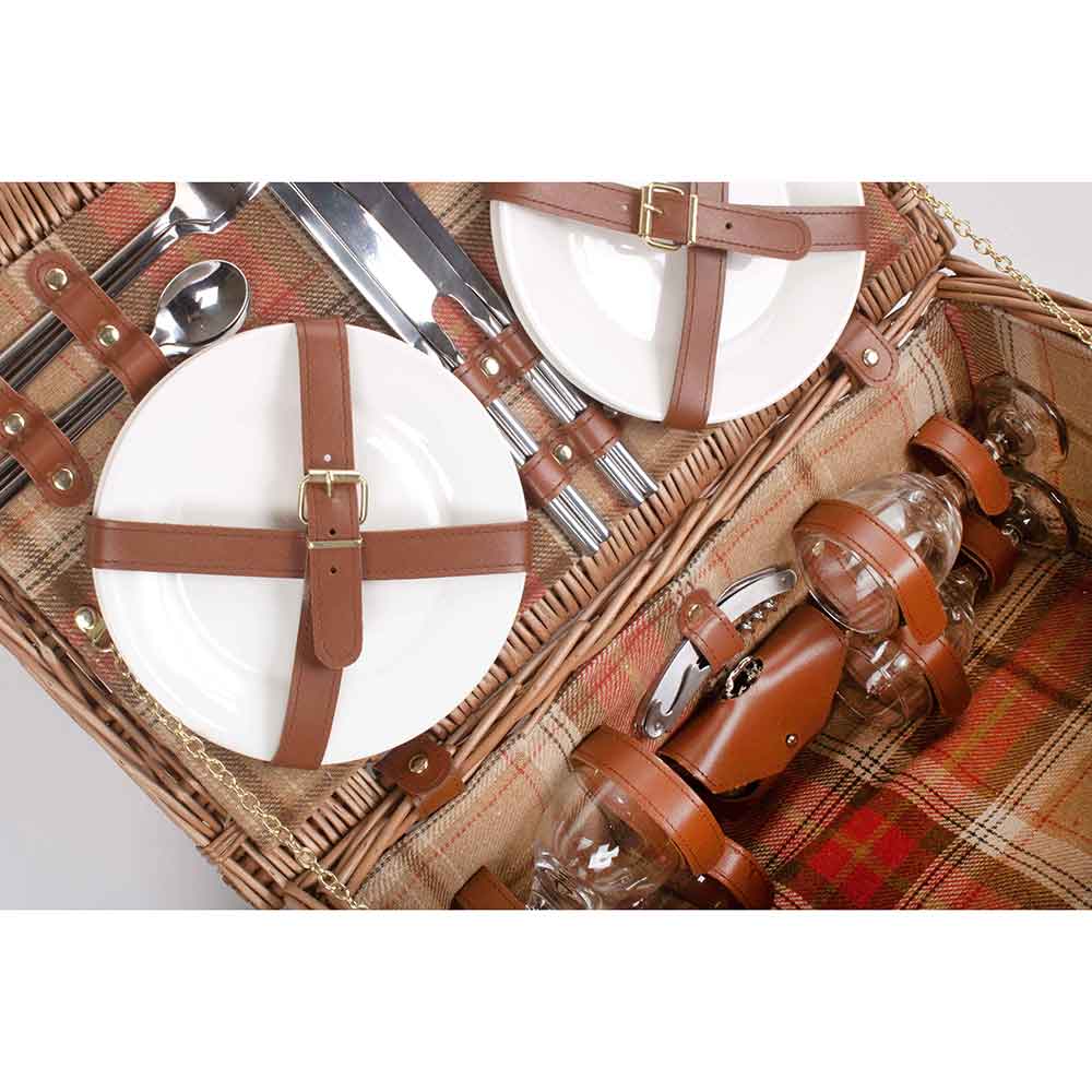 WILLOW Four Person Red Tartan Fully Fitted Picnic Basket Hamper - Autumn Red