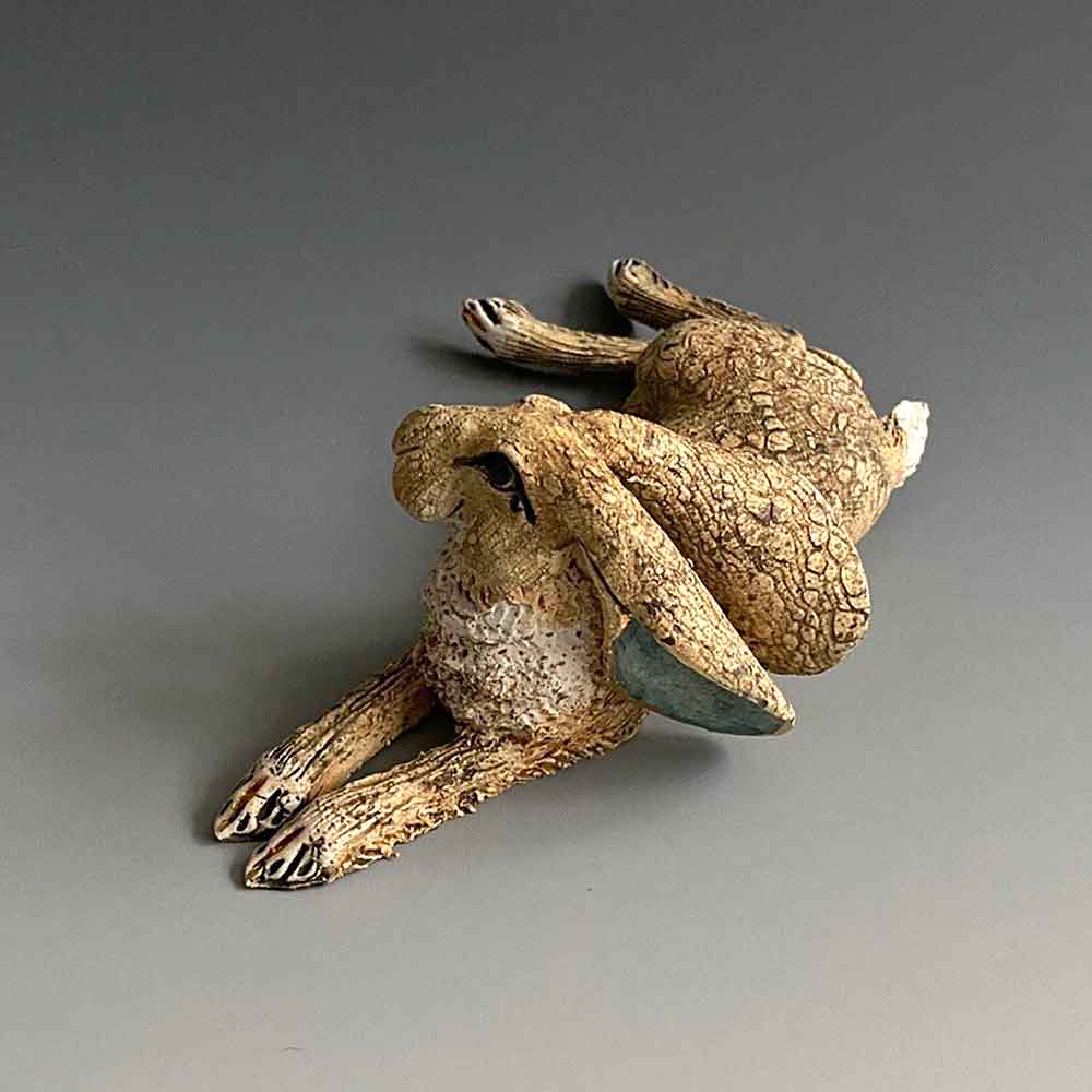 GIN DURHAM Brown Reclining Hare Ears Down Stoneware Sculpture